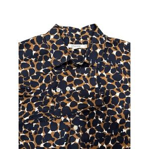 Chicos Shirt Size 6 Navy Blue & Tan Leopard Print Button Down Top